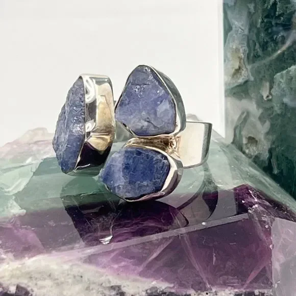 Sterling Silver Raw Amethyst Ring Chunky Triple Stone Size O Stamped 925 - Picture 4 of 12